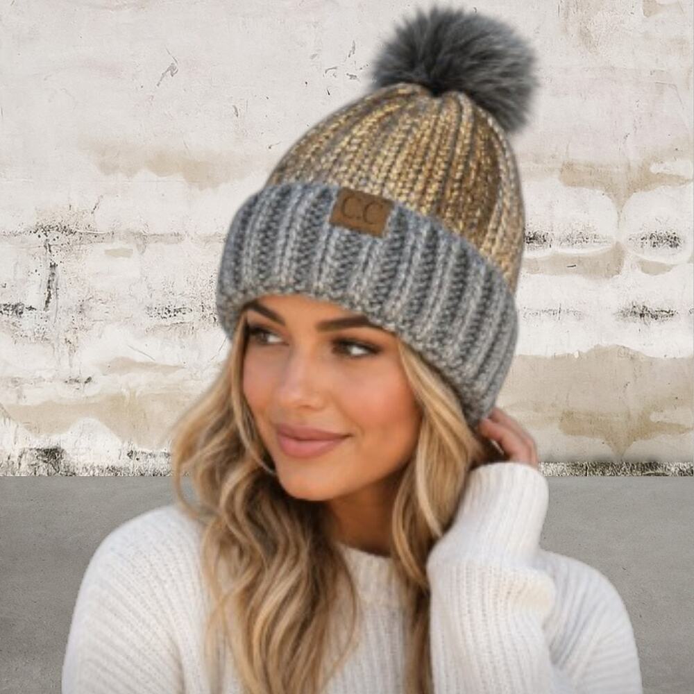 C.C Women's Faux Fur Pom Shiny Metallic Finished Knit CC Beanie Hat NWOT